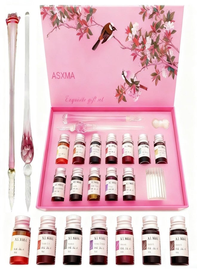 ASXMA Calligraphy Dip Pen Set - 12 Colorful Inks, 2 glass pens Pen Holder, Glass, Crystal Pen for Art Writing, Drawing, Signatures, Decoration,Holiday Gift Set Calligraphy Beginners - Image 1
