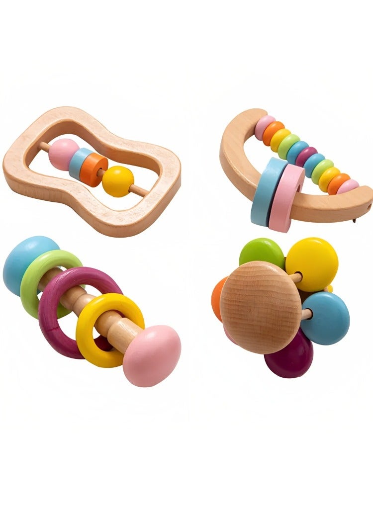 Montessori Colorful Wooden Rattle 4PC Preschool Educational Toys Baby Grasping, Safe Grade Wood Rattle, Soother Bracelet Teether Set  Toddler Toy, Perfect Newborn Gift  - Image 1