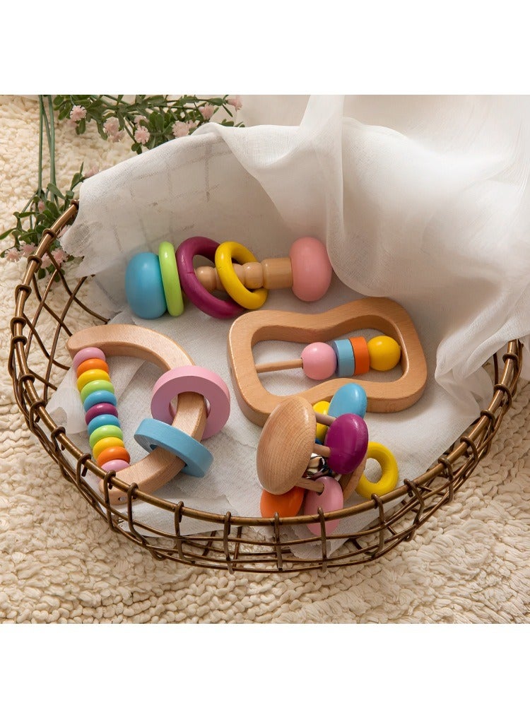 Montessori Colorful Wooden Rattle 4PC Preschool Educational Toys Baby Grasping, Safe Grade Wood Rattle, Soother Bracelet Teether Set  Toddler Toy, Perfect Newborn Gift  - Image 2