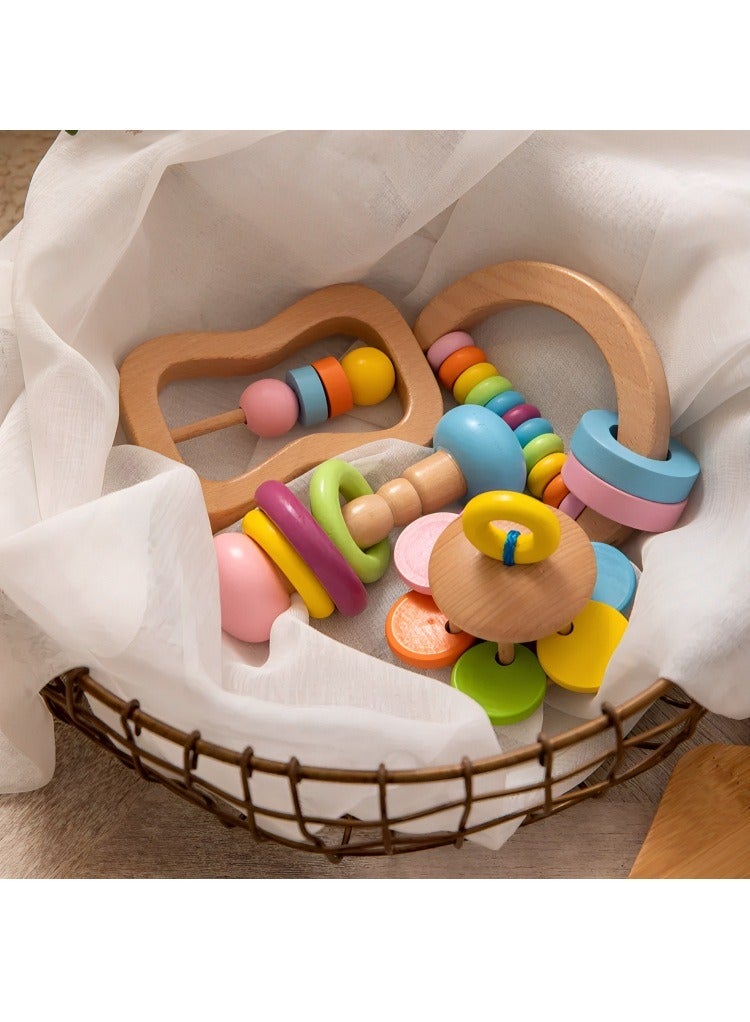 Montessori Colorful Wooden Rattle 4PC Preschool Educational Toys Baby Grasping, Safe Grade Wood Rattle, Soother Bracelet Teether Set  Toddler Toy, Perfect Newborn Gift  - Image 4