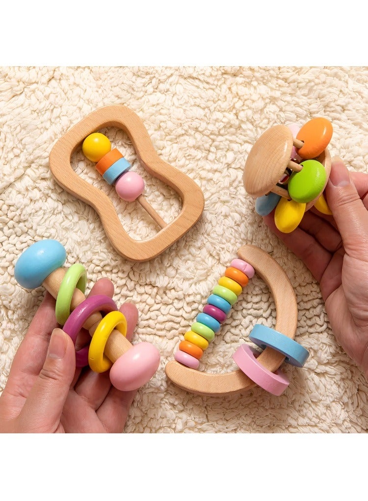 Montessori Colorful Wooden Rattle 4PC Preschool Educational Toys Baby Grasping, Safe Grade Wood Rattle, Soother Bracelet Teether Set  Toddler Toy, Perfect Newborn Gift  - Image 5