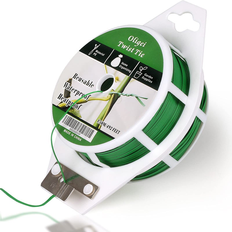 Oligei Green Garden Wire, Sturdy Plant Ties for Support with Cutter, 492FT/150m, Indoor, Outdoor, Home and Office Use - Image 1
