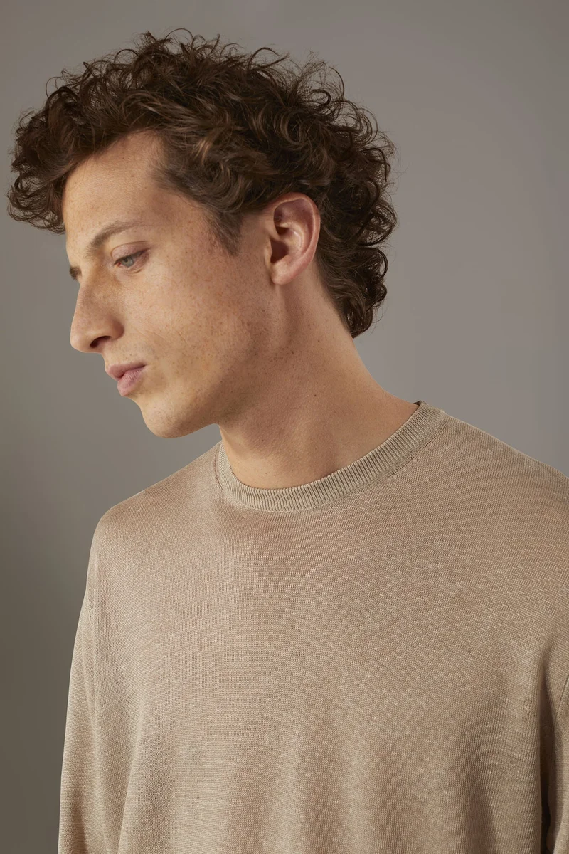 Round neck sweater 100% linen - Beige
