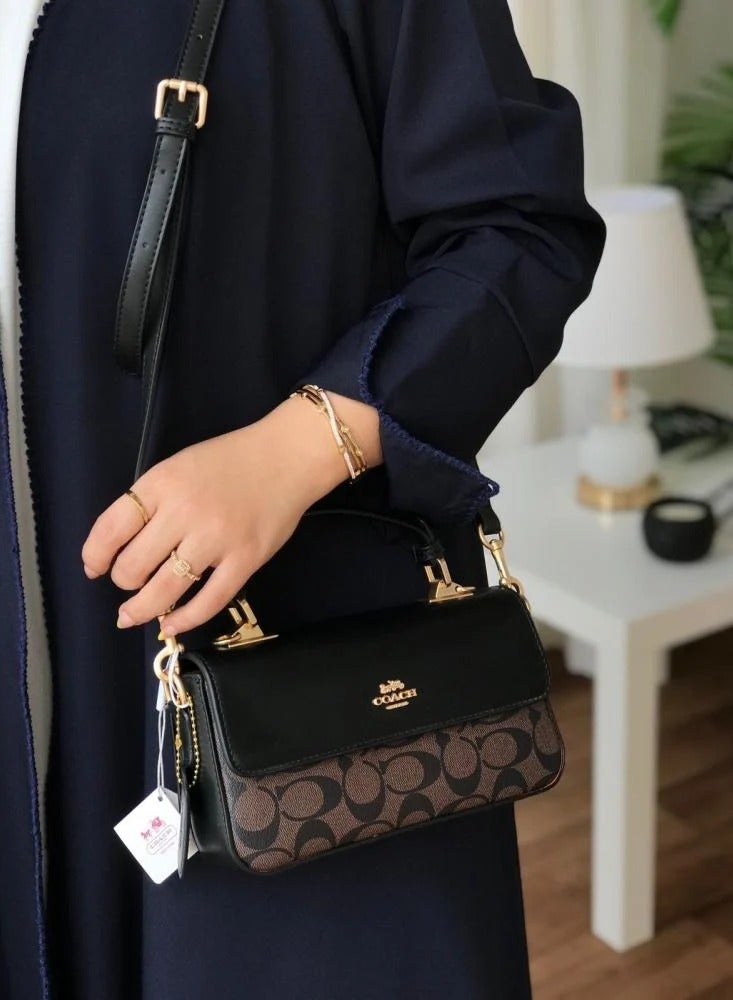 Coachoutlet Mini Josie Top Handle Crossbody In Blocked Signature Canvas, Women's Shoulder Bag, Women's Tote Bag, Women's Hand Bag,Women's Cross Body Bag, Women's Wallet, Women's Travel Bag, Walnut-Black-20cm - Image 3