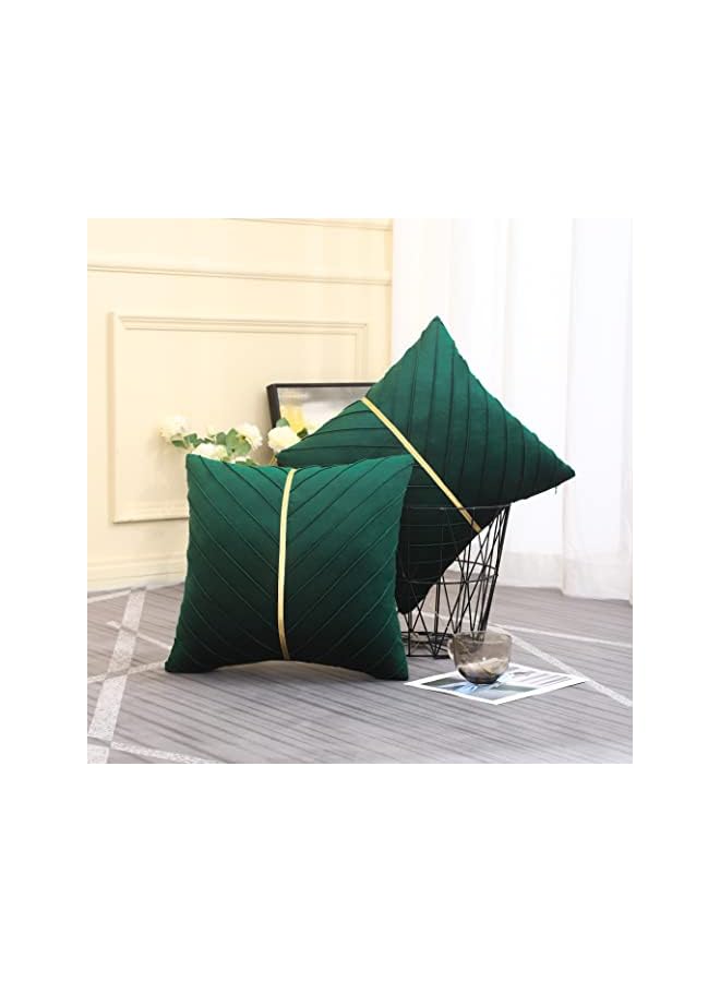 Zaboon Tosleo Green Velvet Throw Pillow Cover s 18x18 Pack of 2 with Gold Leather Forest Green Decorative Couch Pillowcase Luxury Modern Pillow Cover  for Living Room Bedroom Sofa Cushion Bed - Image 2