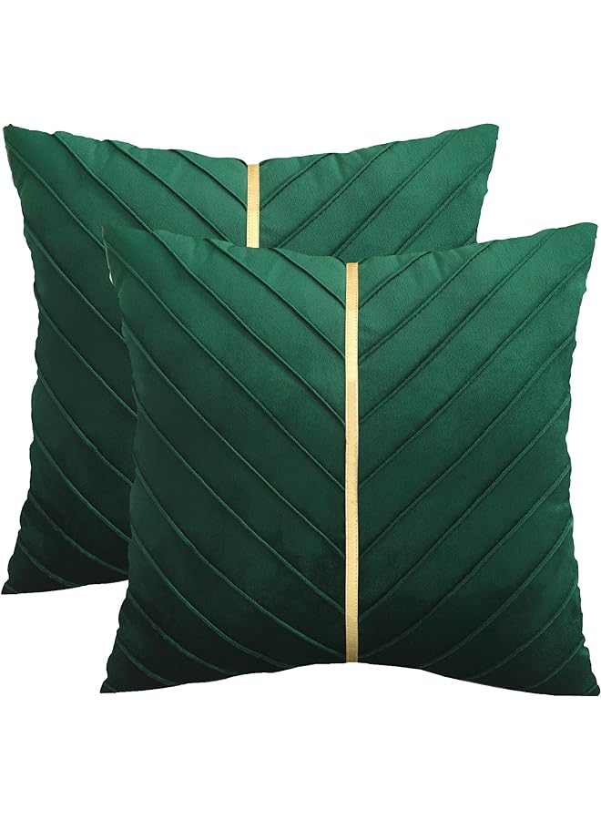 Zaboon Tosleo Green Velvet Throw Pillow Cover s 18x18 Pack of 2 with Gold Leather Forest Green Decorative Couch Pillowcase Luxury Modern Pillow Cover  for Living Room Bedroom Sofa Cushion Bed - Image 1