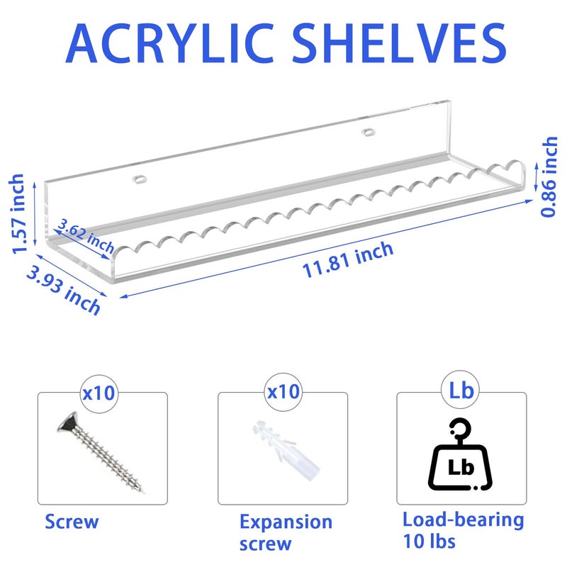 PITBVO Clear Acrylic Shelves, 4 Pack 12 Inch Scalloped Edge Wall Mounted Floating Shelves, Pop Shelves, Invisible Bathroom Shelf Book Shelf, CD Shelf for Home Deco (Clear Scalloped Edge 4 Pack) - Image 4