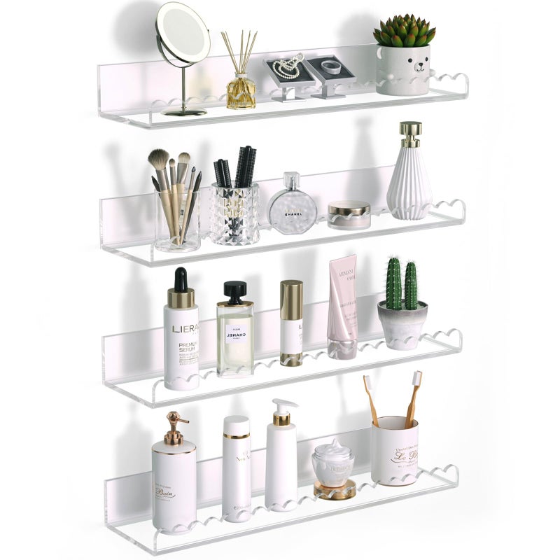 PITBVO Clear Acrylic Shelves, 4 Pack 12 Inch Scalloped Edge Wall Mounted Floating Shelves, Pop Shelves, Invisible Bathroom Shelf Book Shelf, CD Shelf for Home Deco (Clear Scalloped Edge 4 Pack) - Image 1
