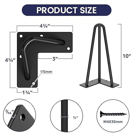 Ventuos 10 Inch Hairpin Furniture Legs 3 Rods Metal Home DIY Projects for Nightstand Coffee Table Black 4PCS - Image 2