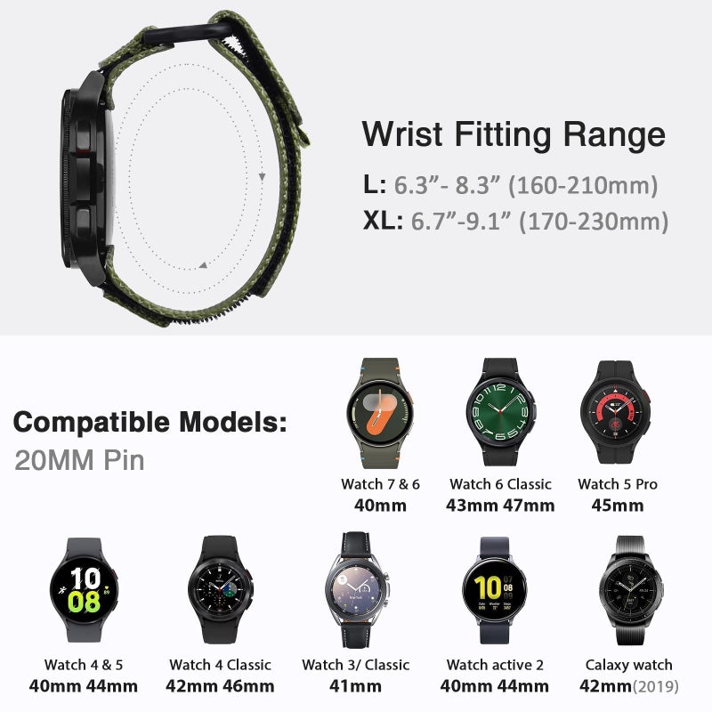 Nereides Band Compatible with Samsung Galaxy Watch 7 6 5 4 40mm 44mm/ Watch 6 4 Classic/Watch 5 Pro/Watch 3 Classic 41mm/Active 2, 20mm Nylon Replacement Sports Strap for Men Women(Army Green,L) - Image 5
