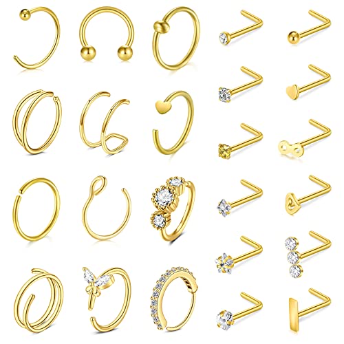 Incaton 20G Gold Nose Rings Nose Studs Hoop Nose Rings Stainless Steel L Shape Nose Studs Hoops CZ Heart Star Hypoallergenic Nostril Nose Piercing Jewelry for Women Men - Image 5