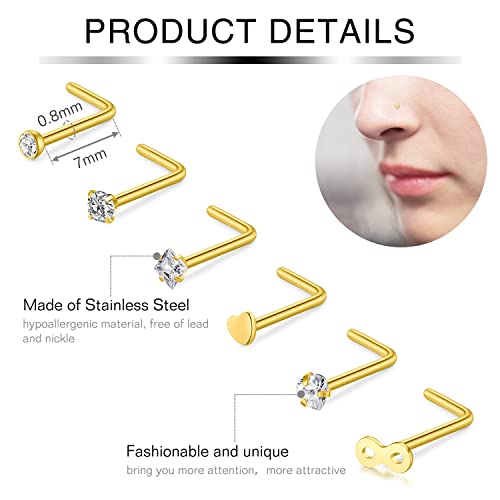 Incaton 20G Gold Nose Rings Nose Studs Hoop Nose Rings Stainless Steel L Shape Nose Studs Hoops CZ Heart Star Hypoallergenic Nostril Nose Piercing Jewelry for Women Men - Image 3