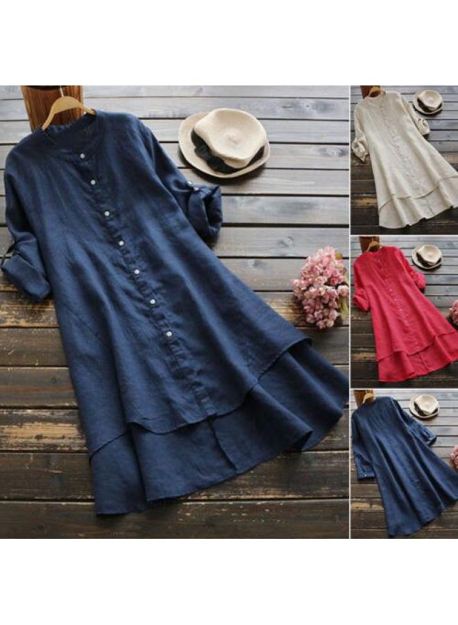 VUELO Spring And Summer New Women's Solid Color Button Cotton And Linen Long Sleeve Long Shirt - Image 3
