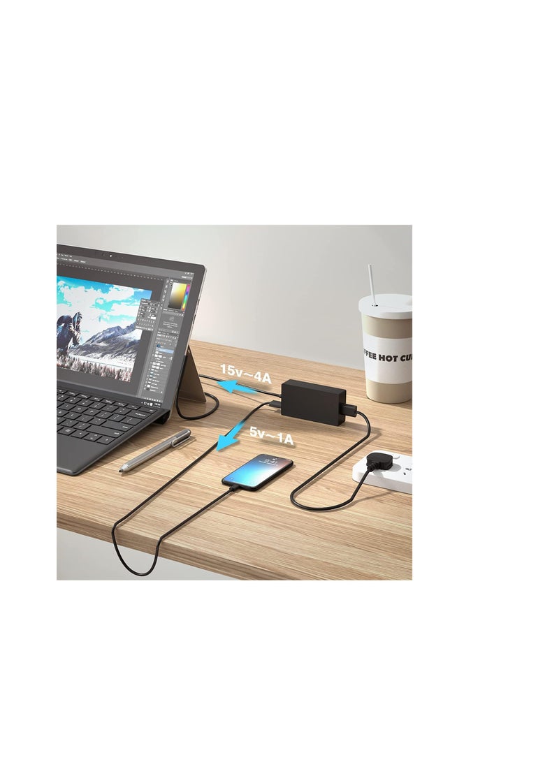 Terabyte 65W Charger 15V/4A Power Supply Adapter Compatible with Microsoft Laptop/Tablet Surface Pro 3/4/5/6/7/8/X Surface Go & Surface Book with USB Charging Port - Image 3