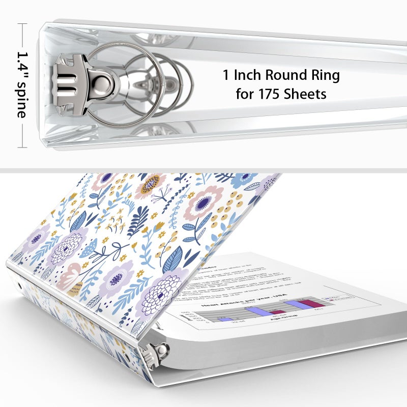 Eyrozill Floral 3 Ring Binder 1 Inch, Decorative Recipe Binders, Client Records with Clear Interior Pockets for Letter-Size(11" x 8.5") Paper, PVC Cover (Floral) - Image 4
