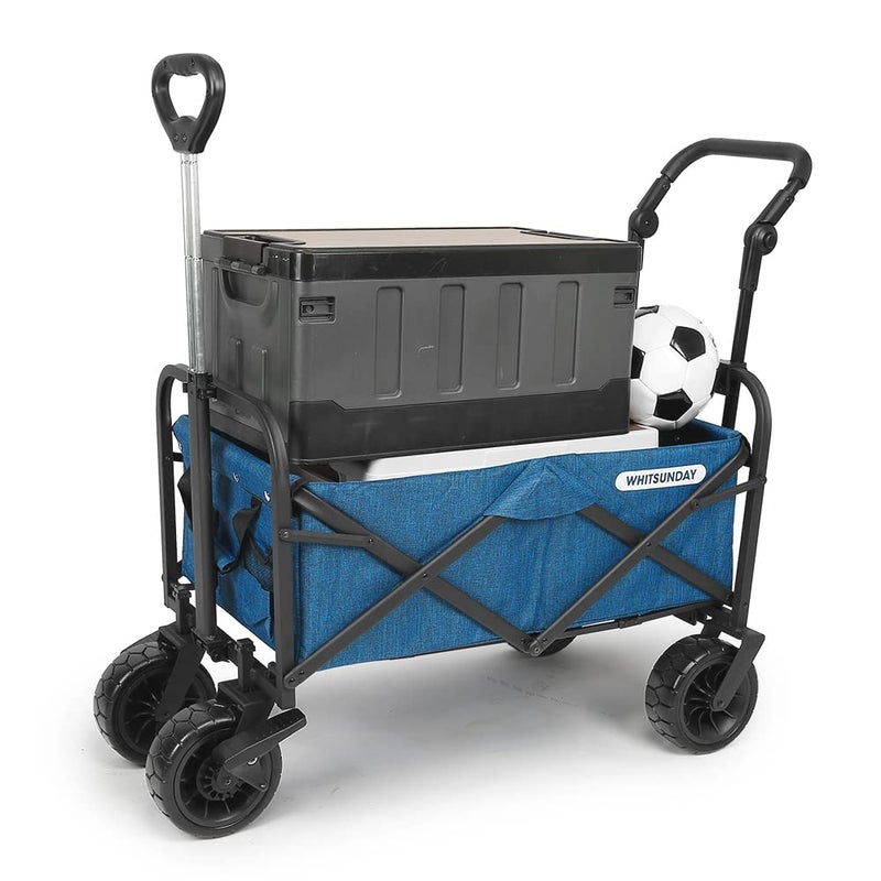 Whitsunday WHITSUNDAY Collapsible Folding Garden Outdoor Park Utility Wagon Picnic Camping Cart with Bearing and Brake 8 All Terrain Wheels with Push Bar Ocean Blue 