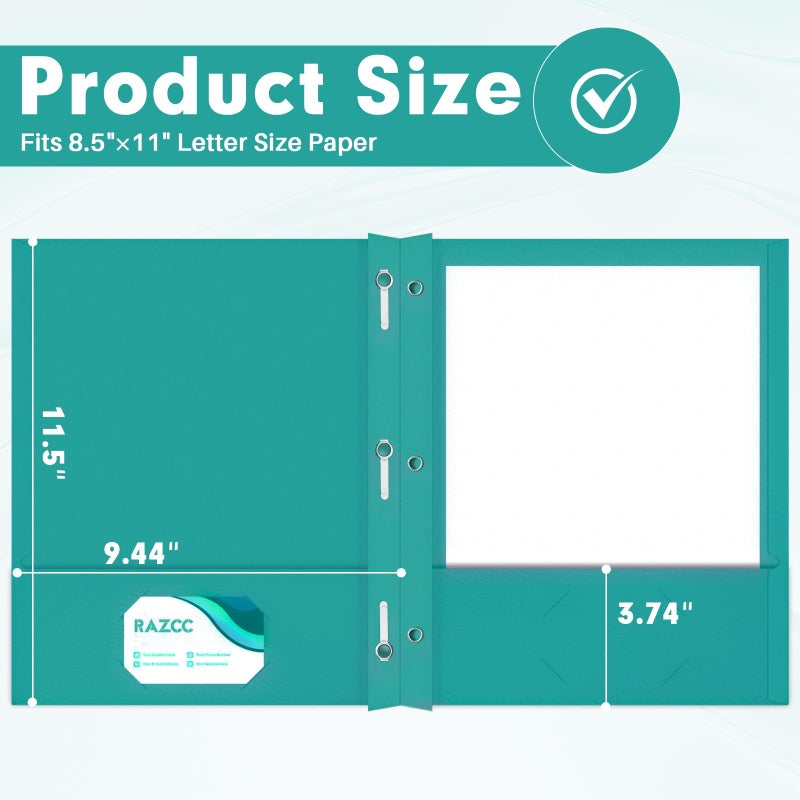 RAZCC Two Pocket Folders, RAZCC 75 Pack Two Pocket Folders with Prongs, 3 Prong Folders Fit Letter Size Paper, Pocket File Folders for School Office Home Business, Turquoise - Image 2