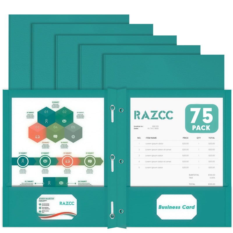 RAZCC Two Pocket Folders, RAZCC 75 Pack Two Pocket Folders with Prongs, 3 Prong Folders Fit Letter Size Paper, Pocket File Folders for School Office Home Business, Turquoise - Image 1