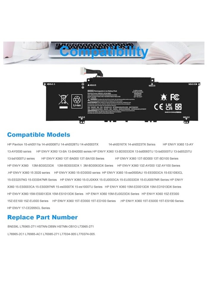 Terabyte بطارية لابتوب بديلة 51Wh 11.55V BN03XL لجهاز HP Envy X360 13-AY 13-AY0000 15 2020 سلسلة HP Pavilion 15-eh0011la 14-eh0008TU 14-eh0028TU 14-eh0003TX BN03XL L76 9965-2971 HSTNN-DB9N HSTNN-OB10 - Image 3