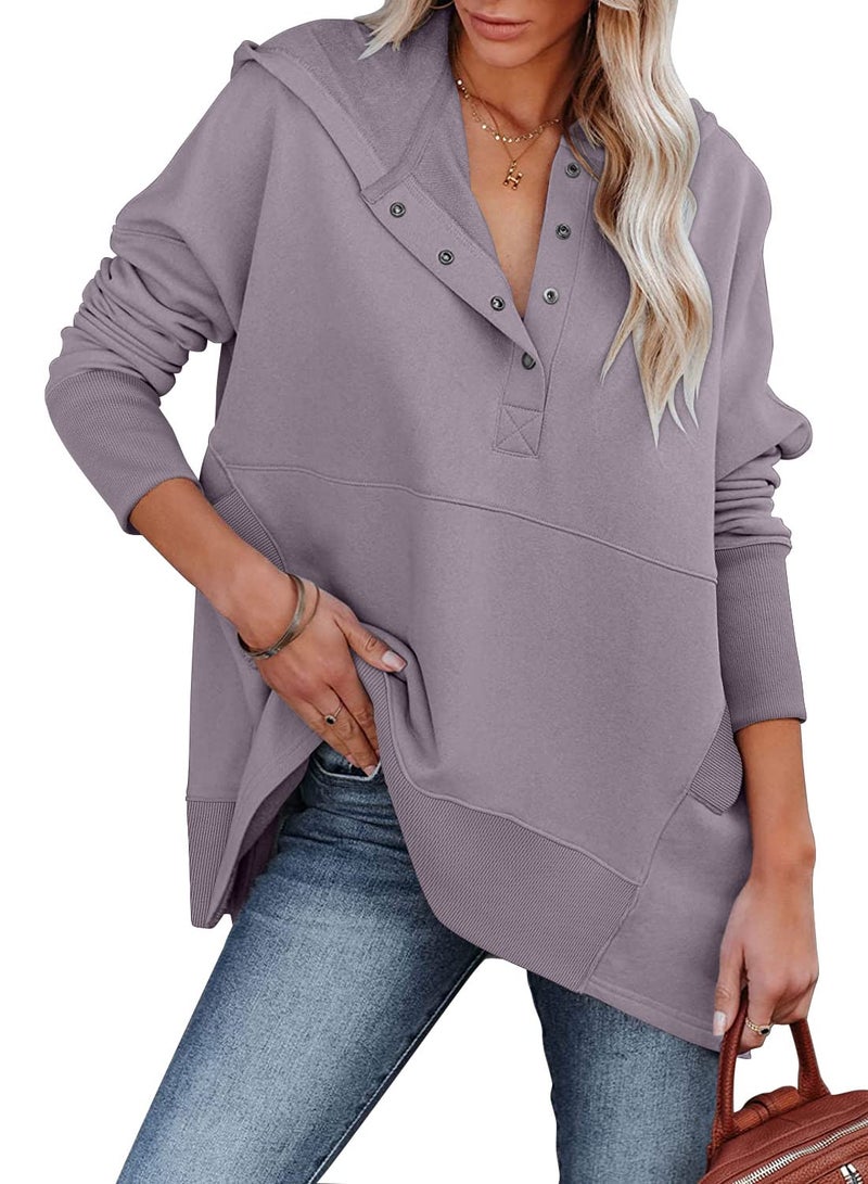 onlypuff Womens Oversized Hoodies Pullvoer V Neck Sweatshirt Juniors Button up Loose Fit Henley Winter Top with Pocket Light Purple XXL - Image 1