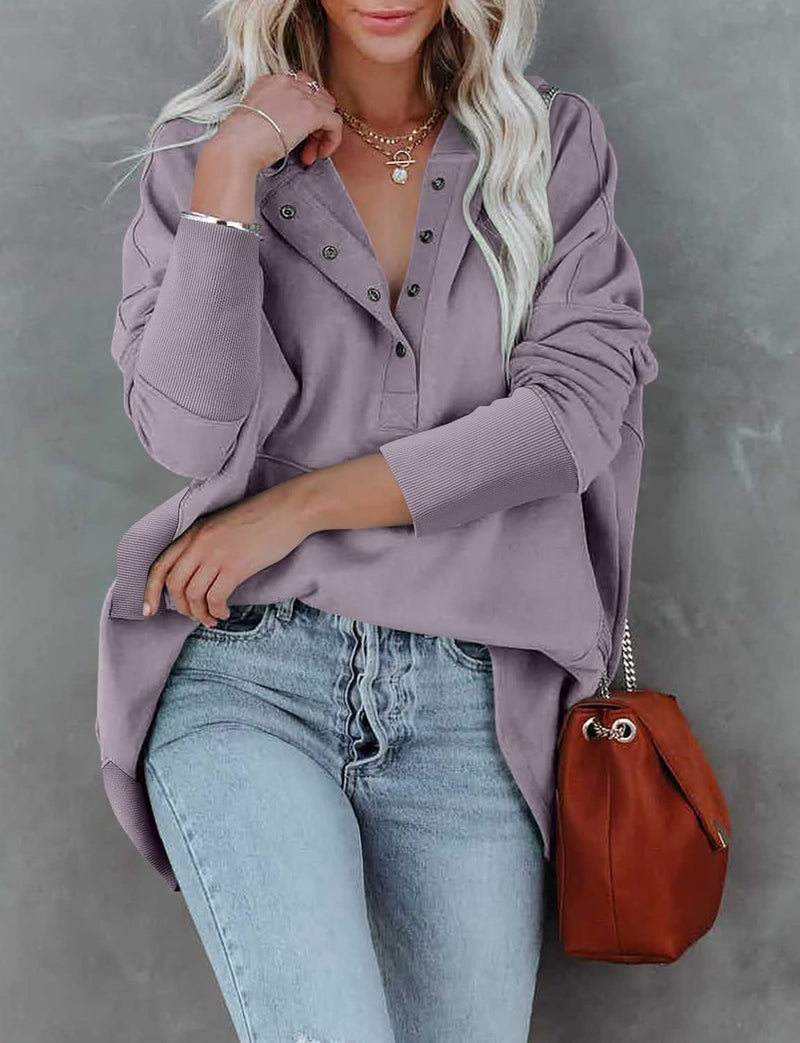 onlypuff Womens Oversized Hoodies Pullvoer V Neck Sweatshirt Juniors Button up Loose Fit Henley Winter Top with Pocket Light Purple XXL - Image 2