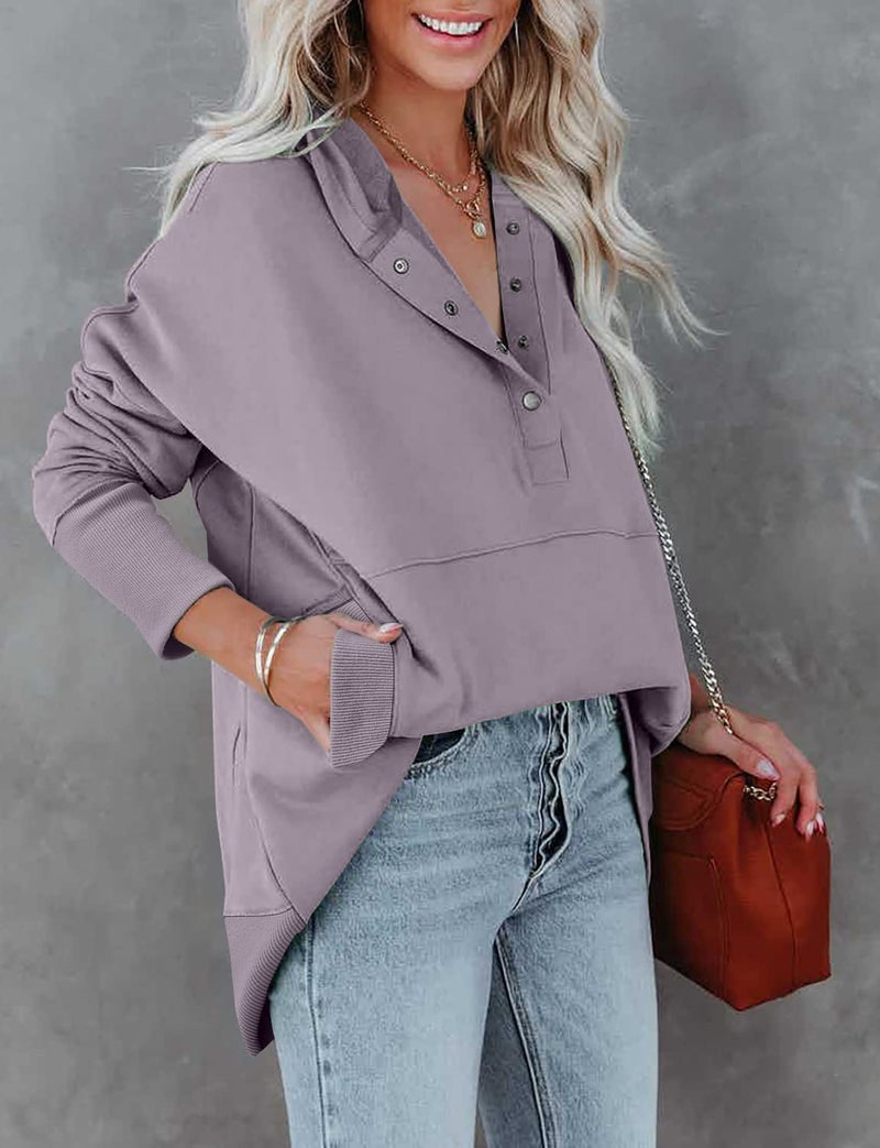 onlypuff Womens Oversized Hoodies Pullvoer V Neck Sweatshirt Juniors Button up Loose Fit Henley Winter Top with Pocket Light Purple XXL - Image 3