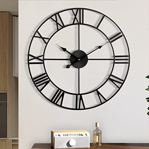 Large Wall Clock Metal Retro Roman Numeral Clock Modern Round Silent Wall Clocks Easy to Read for Living RoomHomeKitchenBedroomOfficeSchool Decor Black 185 Inch