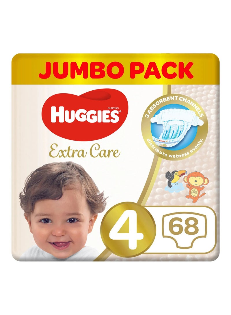 HUGGIES حفاضات هاجيز إكسترا كير بتصميم الشريط، 68 قطعة عبوة كبيرة، الحجم 4، 8-14 كجم - حماية لمدة 12 ساعة، معتمدة من أطباء الجلد، قابلة للتنفس - Image 1