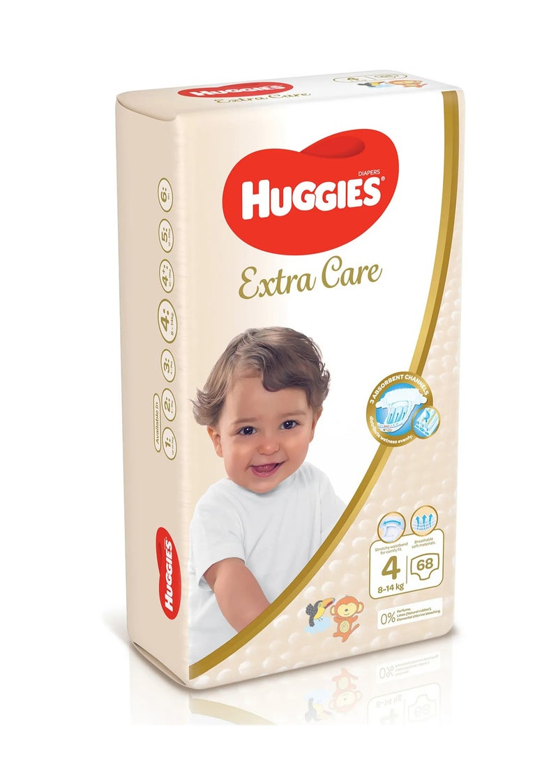 HUGGIES حفاضات هاجيز إكسترا كير بتصميم الشريط، 68 قطعة عبوة كبيرة، الحجم 4، 8-14 كجم - حماية لمدة 12 ساعة، معتمدة من أطباء الجلد، قابلة للتنفس - Image 2