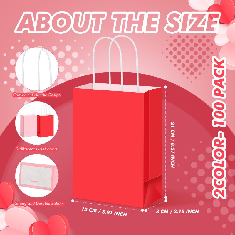 Chivertion 100 Pcs Valentine Red Pink Paper Gift Bags Bulk with Handles, 8.27 x 5.91 x 3.15 Inches Small Party Favor Bags Goodies Bag for Valentine's Day, Wedding, Birthdays, Small Business, Shopping - Image 3