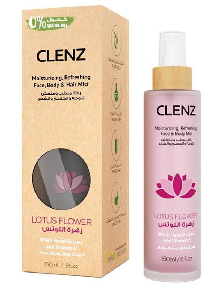 CLENZ Mmloisturizing Refreshing Face, Body And Hair Mist With Witch Hazel Extract And Vitamin E, Lotus Flower - 150ml  - Image 1