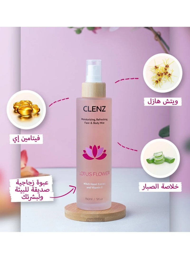 CLENZ Mmloisturizing Refreshing Face, Body And Hair Mist With Witch Hazel Extract And Vitamin E, Lotus Flower - 150ml  - Image 3