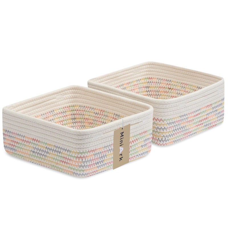 MiniArk Small Square Shallow Baskets for Organizing, 9.7x9.7x4.3 Inch Rope Woven Storage Bins for Cubes Closet, Shelves Storage, Boho Decorative Basket, 2 Packs Off White Rainbow - Image 1