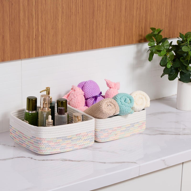 MiniArk Small Square Shallow Baskets for Organizing, 9.7x9.7x4.3 Inch Rope Woven Storage Bins for Cubes Closet, Shelves Storage, Boho Decorative Basket, 2 Packs Off White Rainbow - Image 4