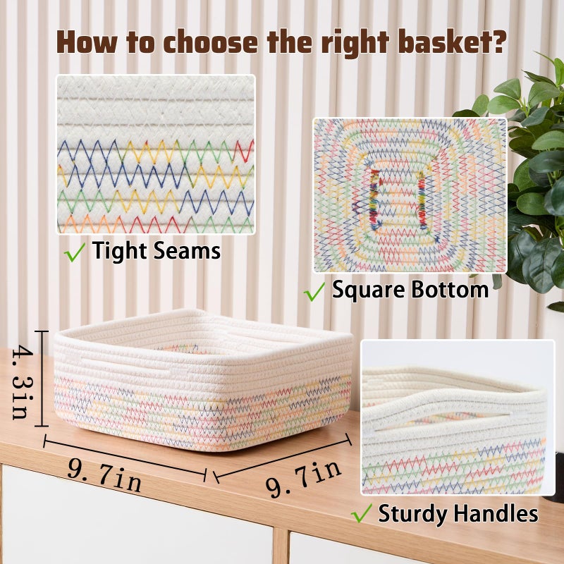 MiniArk Small Square Shallow Baskets for Organizing, 9.7x9.7x4.3 Inch Rope Woven Storage Bins for Cubes Closet, Shelves Storage, Boho Decorative Basket, 2 Packs Off White Rainbow - Image 2