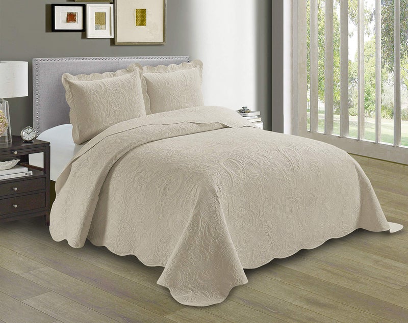 Linen Plus Embossed Coverlet Bedspread Set Oversized Solid Beige King/California King Bed Cover Bedding New # Dana - Image 1