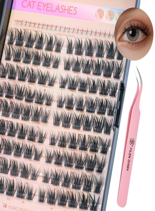 MLEN DIARY Cluster Lashes Wispy Individual Lash Extensions D Curl Natural Lash Clusters 10-14.5MM 132 Pcs DIY Eyelash Extension Cat Eye Eyelash Clusters with Tweezers Self-application at Home by MLEN DIARY - Image 1