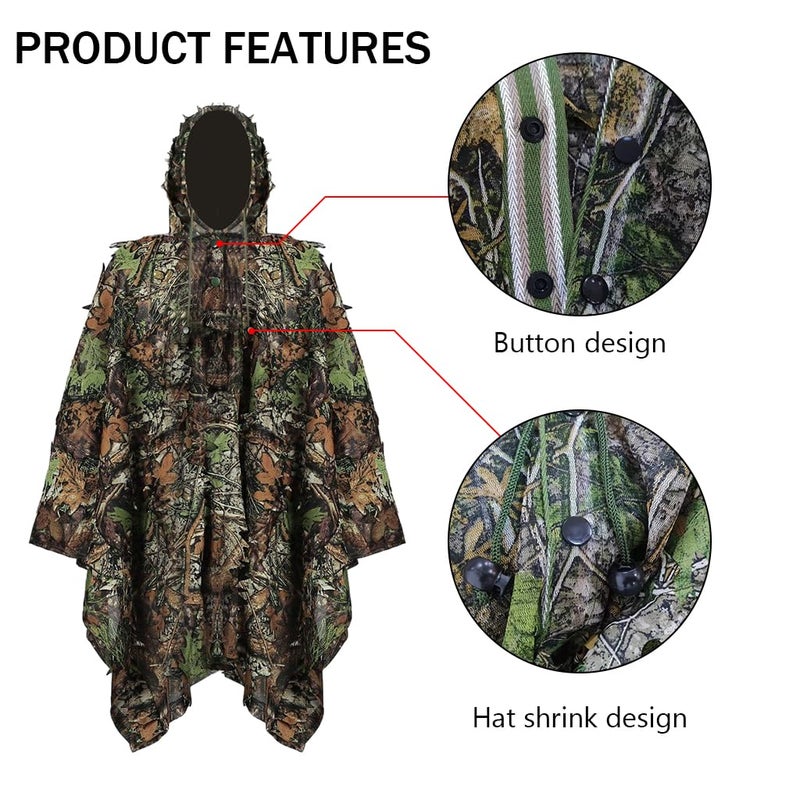 Proberos ® 3D Leaf Ghillie Suit Camouflage Hunting Clothing - Woodland Camo Poncho for Military Training, Bird Watching, Outdoor Photography & Tactical Operations - Image 3
