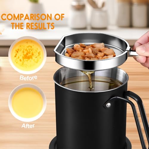 Chihee Grease Container Stainless Steel Bacon Grease Saver with Fine Mesh Strainer 2L / 67.6 fl oz Oil Container Grease Can with Dust-proof Lid Non-slip Tray for Kitchen Storing Frying Cooking Grease - Image 3