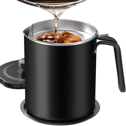 Chihee Grease Container Stainless Steel Bacon Grease Saver with Fine Mesh Strainer 2L / 67.6 fl oz Oil Container Grease Can with Dust-proof Lid Non-slip Tray for Kitchen Storing Frying Cooking Grease - Image 1