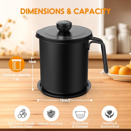 Chihee Grease Container Stainless Steel Bacon Grease Saver with Fine Mesh Strainer 2L / 67.6 fl oz Oil Container Grease Can with Dust-proof Lid Non-slip Tray for Kitchen Storing Frying Cooking Grease - Image 4