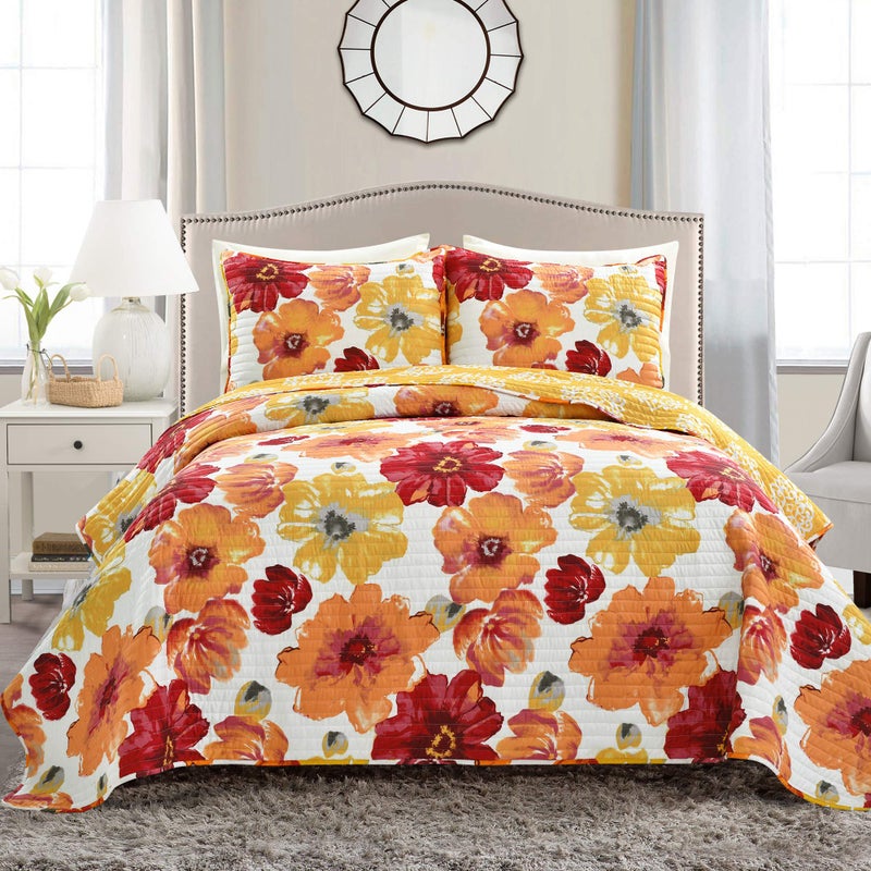 Lush Decor Leah Reversible Floral Quilt Set, 3 Piece Set, King, Red & Orange - Charming Floral Bedding Set - Large Blooming Watercolor Flowers - Image 1