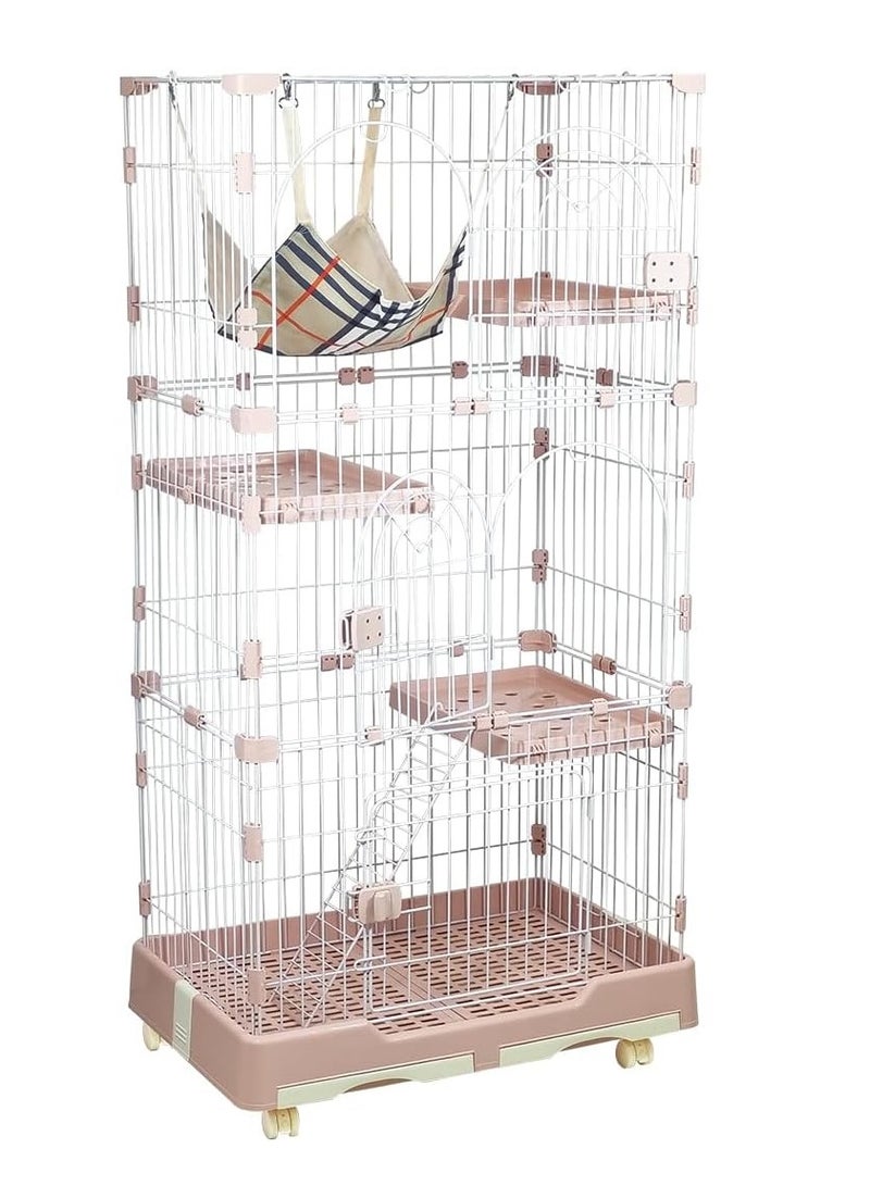 أن ان سي بيتس قفص قطط متعدد المستويات مع منحدرات متدرجة، أرضيات واسعة، صينية قابلة للإزالة وأبواب رئيسية مع قفل آمن، حظيرة لعب للقطط بطول 145 سم للاستخدام الداخلي والخارجي، سهل التنظيف وقفص قطط موفر للمساحة (وردي) - Image 1
