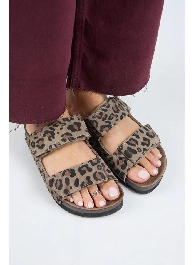 (Vina 2 Leopar) Women's Genuine Leather Double strap Vizon Slipper.