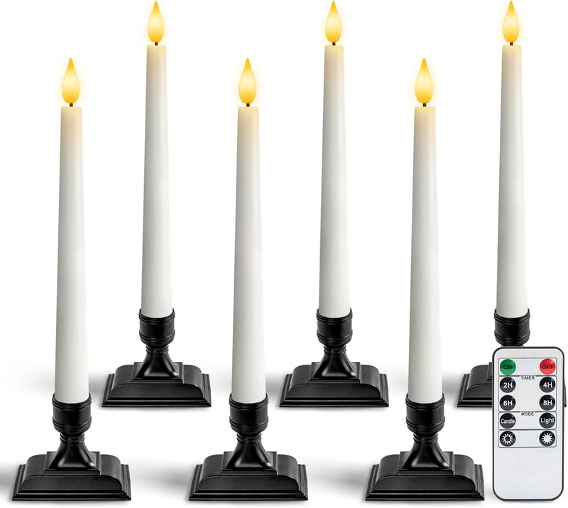 Homemory Wax Window Candles with Remote Timer Dimmer, Battery Operated Candlesticks with Holders, Christmas LED Candlesticks for Window Home Part Decor, 6 Pcs White - Image 1