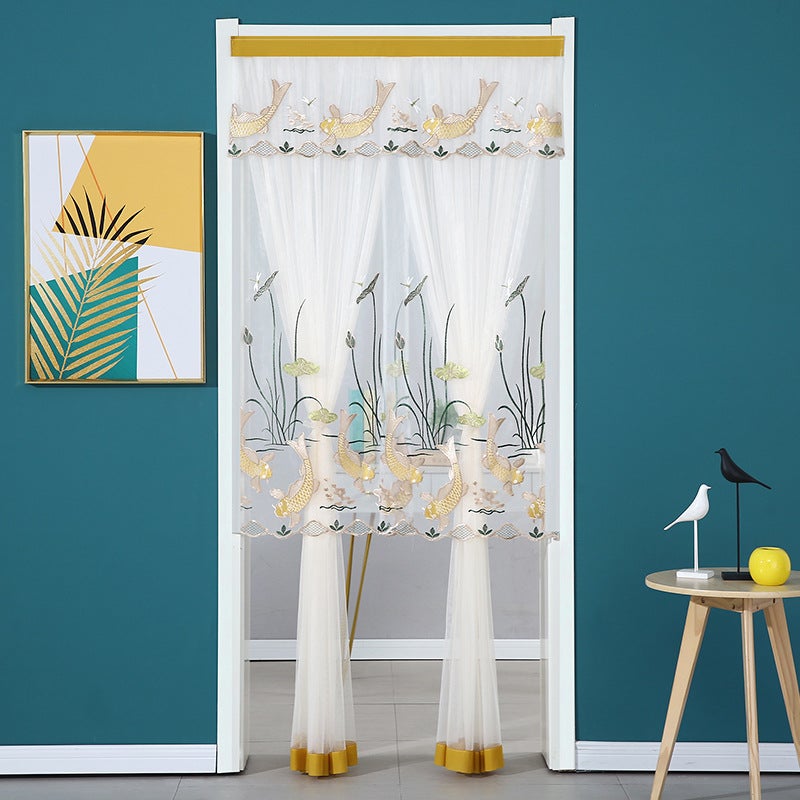 Door Curtain Lace Gauze Curtain Summer Bedroom Kitchen Blocking Partition Curtain Anti-Mosquito Door Curtain Household Fabric Screen Door Without Punching - Image 5