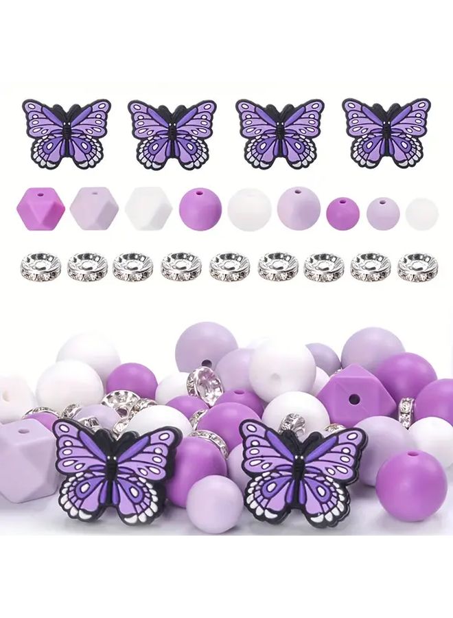 55pcs Mixed E Type Butterfly Series Silicone Beads With Rhinestone Spacer Beads For Jewelry Making DIY Bracelets Earrings Necklaces Bead Pens Key Chains Bag Charm Decorations Lanyards Craft Supplies Handmade Accessories Perfect Gift Craft Lovers - Image 1