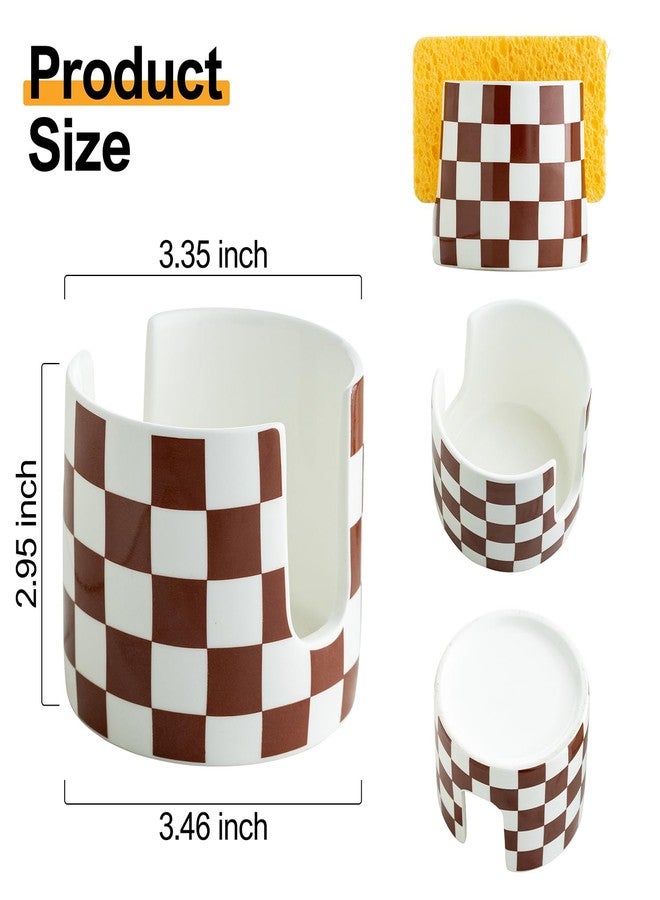 حامل إسفنجة بنقشة مربعات لحوض المطبخ، حامل إسفنجة سيراميك لتجفيف الأطباق، منظم مطبخ، رف أطباق لطيف لحوض المطبخ، بني وأبيض - Image 2