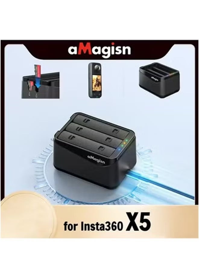 aMagisn شاحن بطارية aMagisn لـ Insta360 X5، موزع شحن ثلاثي الفتحات مع بطاقتي تخزين SD لملحقات الطاقة Insta 360 X5 - Image 1