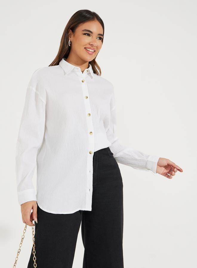 Styli Oversized Textured Longline Shirt with Buttons - Image 1